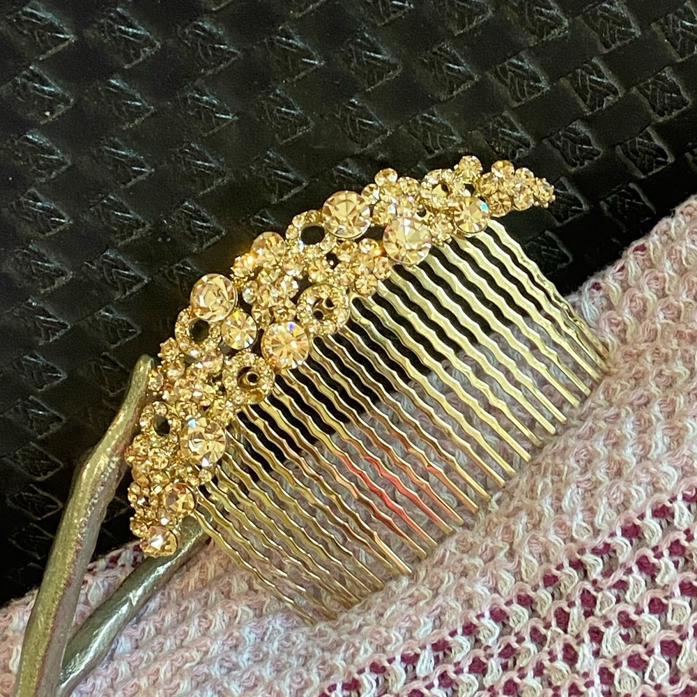 New! Gold Hair Clip Comb Peach Rhinestones - Picture 9 of 11